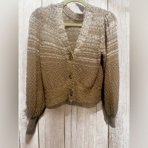 J.Crew Reversible Space Dyed Puff Sleeve Cardigan Sweater Sandy Beach Beige S - Picture 1 of 6